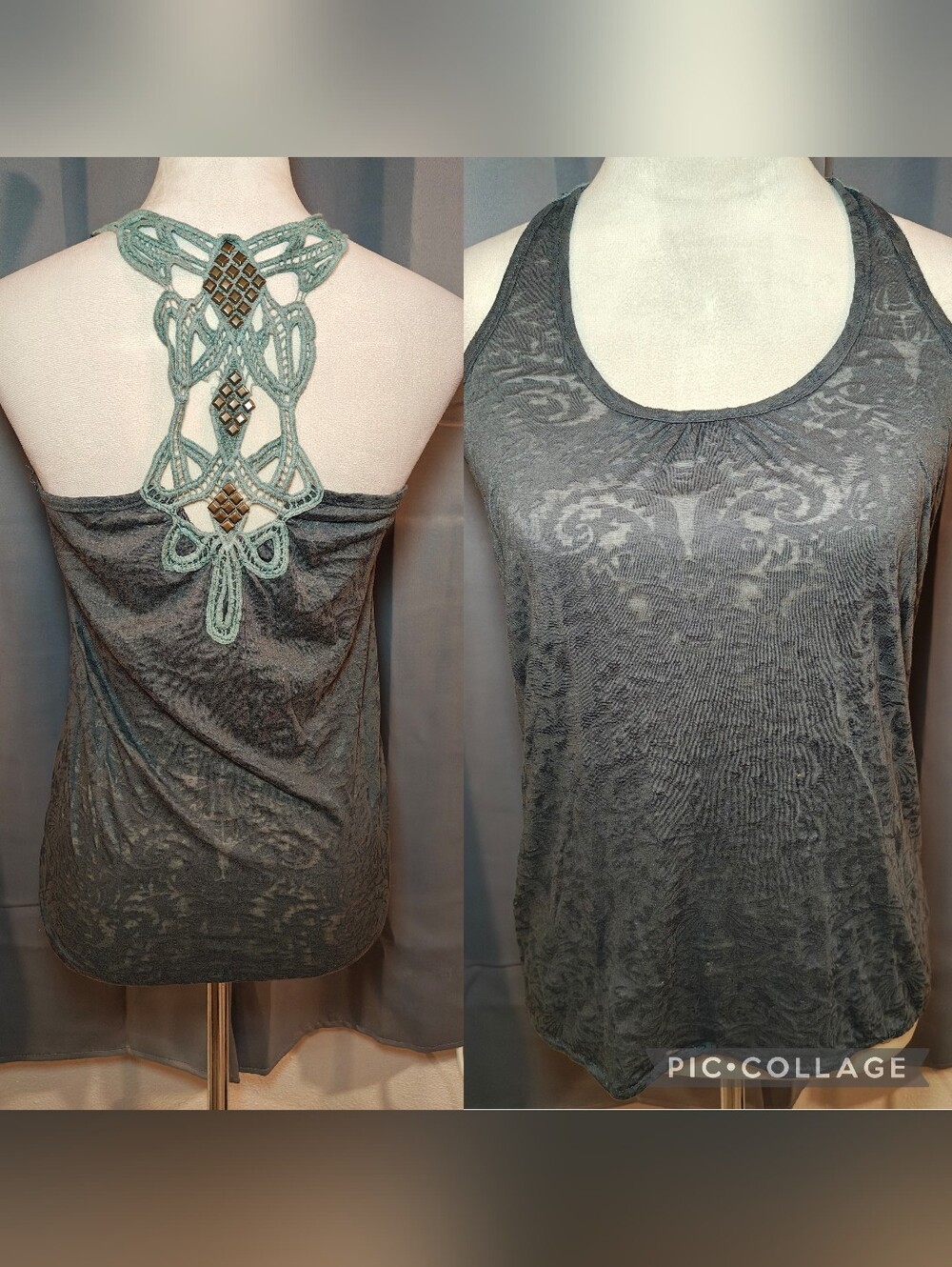 Y2K Ocean Blue Grey Burnout Semi Sheer Tank Top w Macrame Studded Racerback.